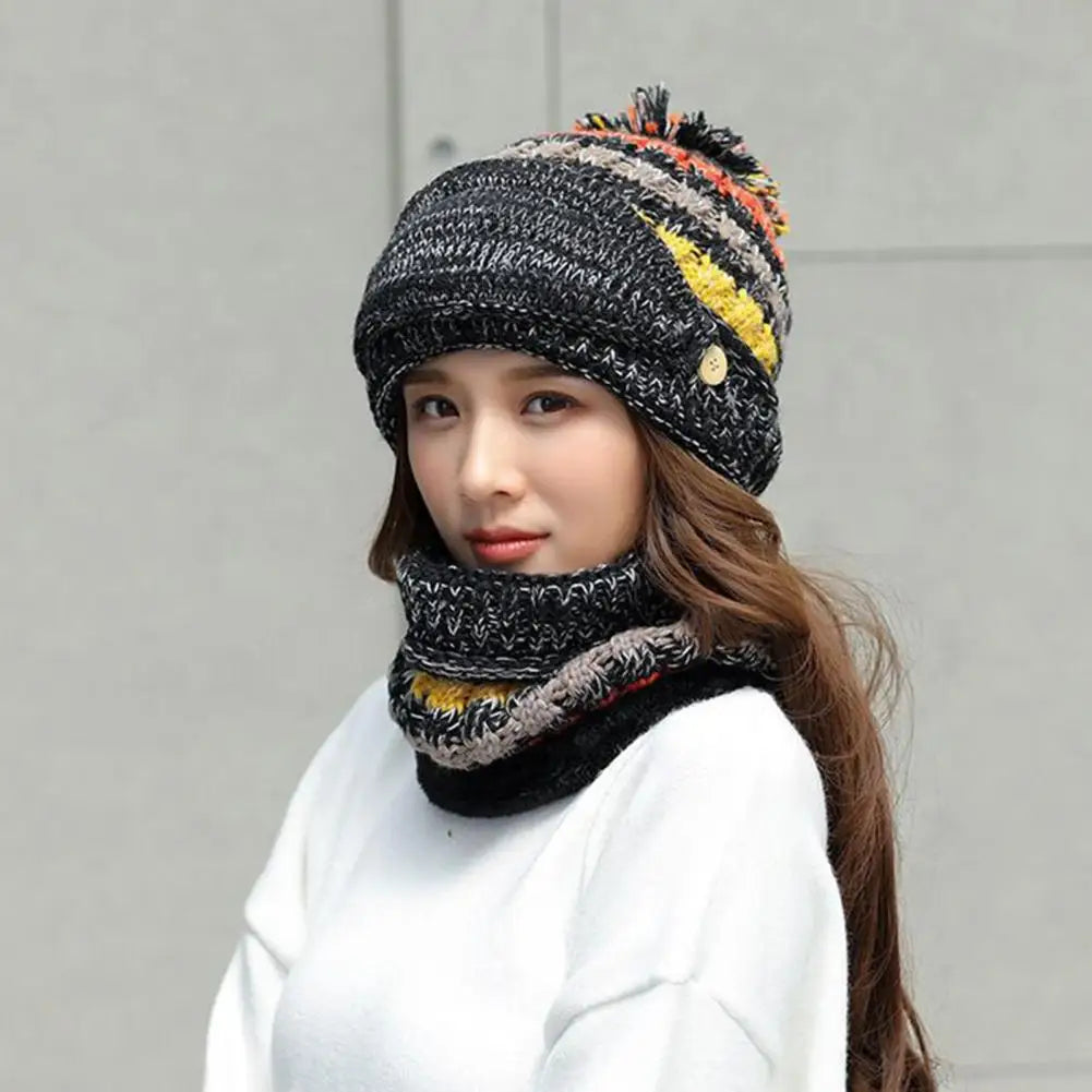 Velvet-Lined Knit Hat and Scarf Winter Set