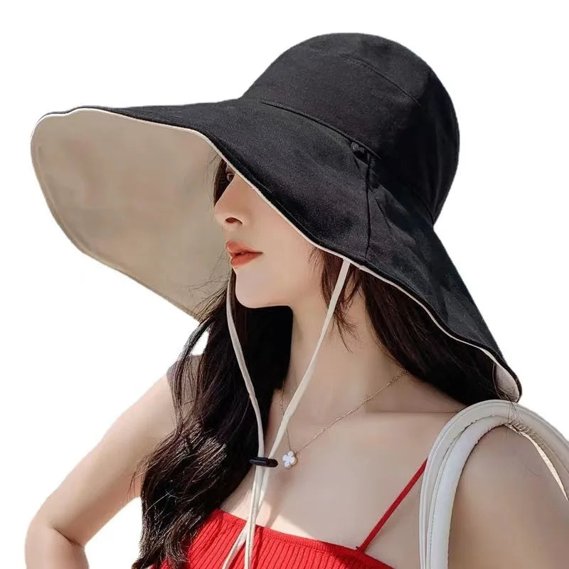 Wide Brim UPF 50+ Sun Hat Women Anti-Uv Protection Hiking Fisherman Cap Fold Summer Solid Beach Hat 2024 Double Sided Sun Hat
