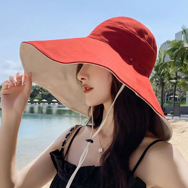 Wide Brim UPF 50+ Sun Hat Women Anti-Uv Protection Hiking Fisherman Cap Fold Summer Solid Beach Hat 2024 Double Sided Sun Hat