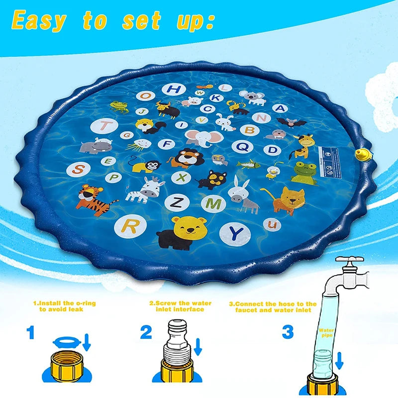 Kids Inflatable Sprinkler Water Play Mat Outdoor Lawn Beach Spray Games Pad with Letters Design Summer Fun Cushion 100/170Cm
