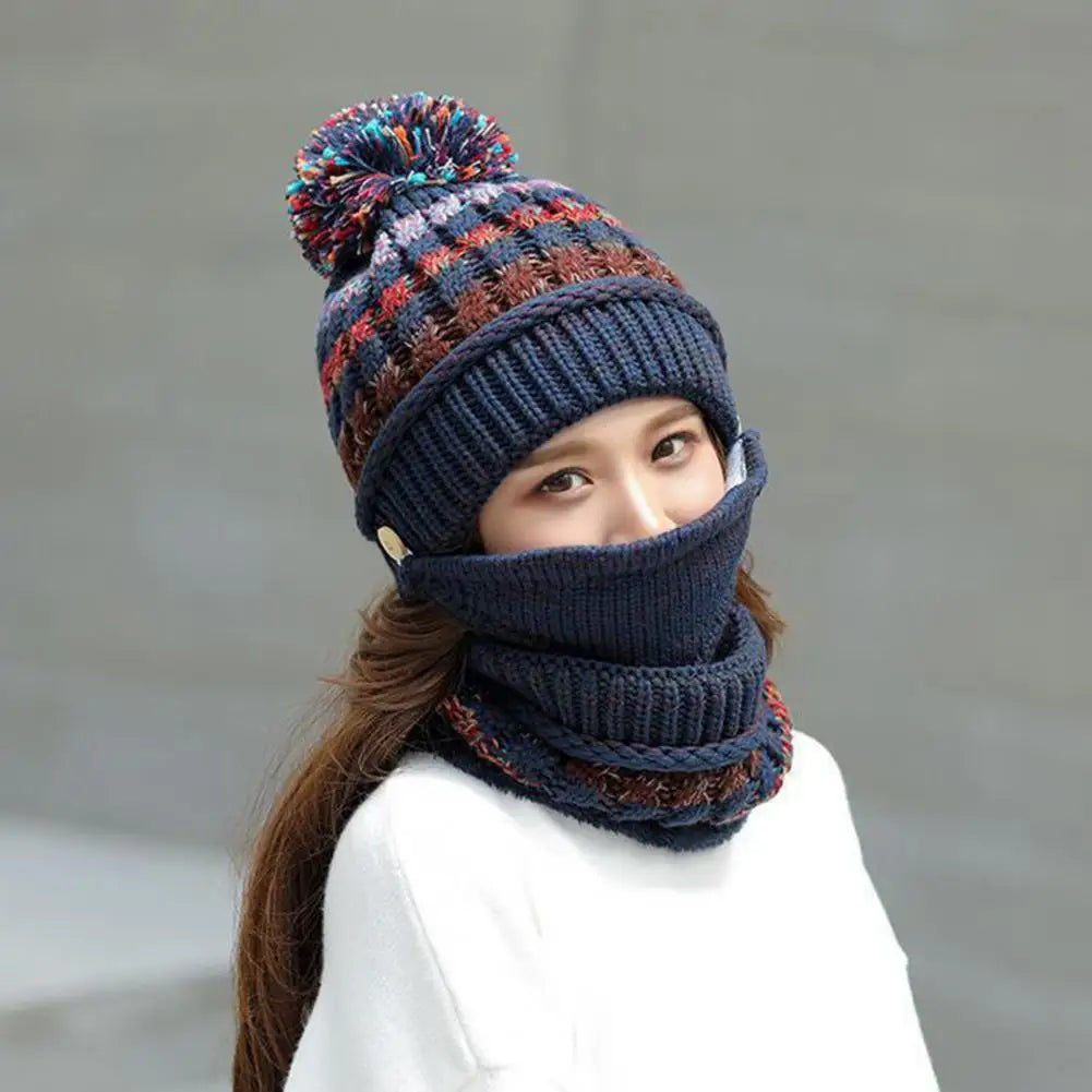 Velvet-Lined Knit Hat and Scarf Winter Set