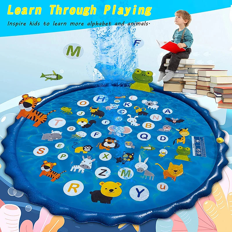 Kids Inflatable Sprinkler Water Play Mat Outdoor Lawn Beach Spray Games Pad with Letters Design Summer Fun Cushion 100/170Cm