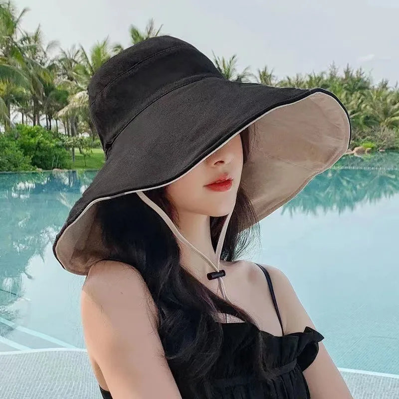 Wide Brim UPF 50+ Sun Hat Women Anti-Uv Protection Hiking Fisherman Cap Fold Summer Solid Beach Hat 2024 Double Sided Sun Hat