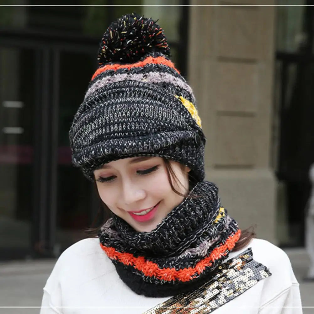 Velvet-Lined Knit Hat and Scarf Winter Set