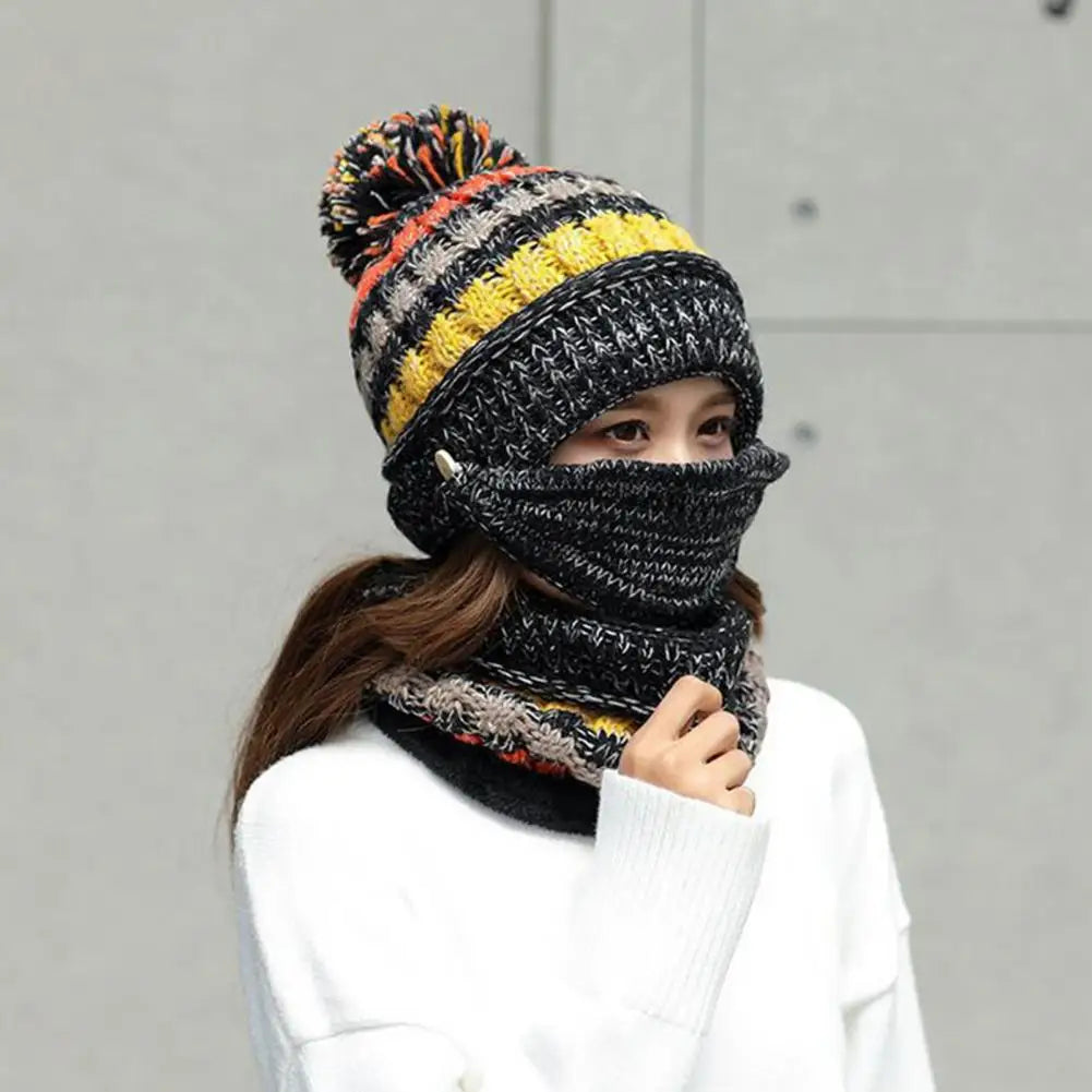 Velvet-Lined Knit Hat and Scarf Winter Set