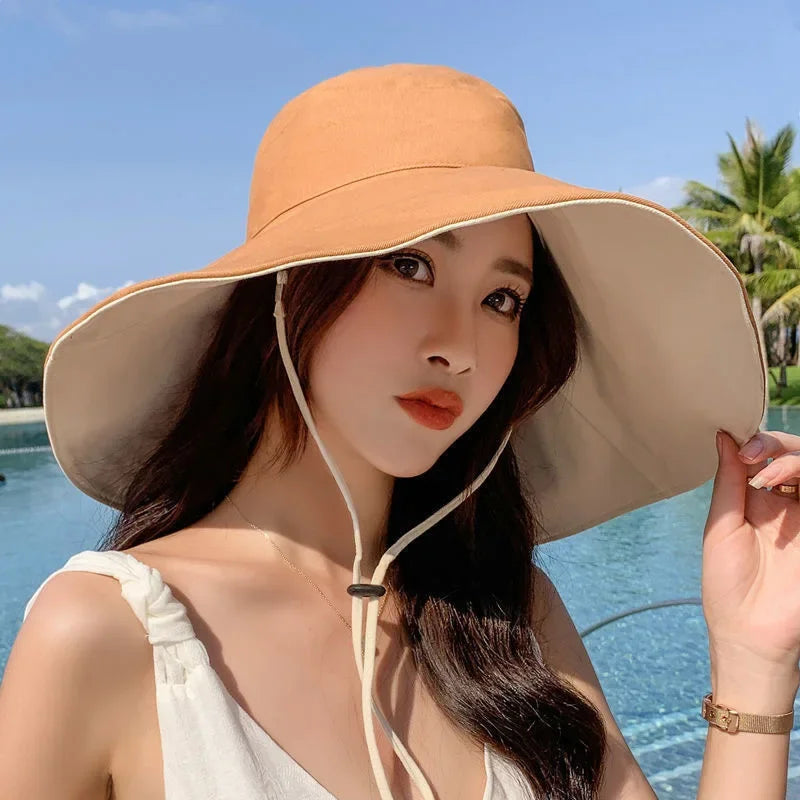 Wide Brim UPF 50+ Sun Hat Women Anti-Uv Protection Hiking Fisherman Cap Fold Summer Solid Beach Hat 2024 Double Sided Sun Hat