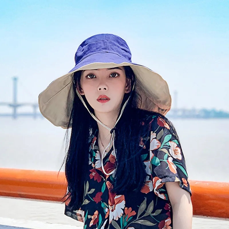 Wide Brim UPF 50+ Sun Hat Women Anti-Uv Protection Hiking Fisherman Cap Fold Summer Solid Beach Hat 2024 Double Sided Sun Hat