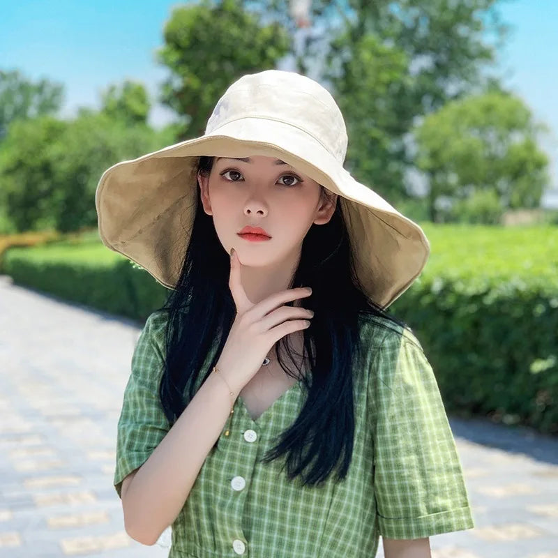 Wide Brim UPF 50+ Sun Hat Women Anti-Uv Protection Hiking Fisherman Cap Fold Summer Solid Beach Hat 2024 Double Sided Sun Hat