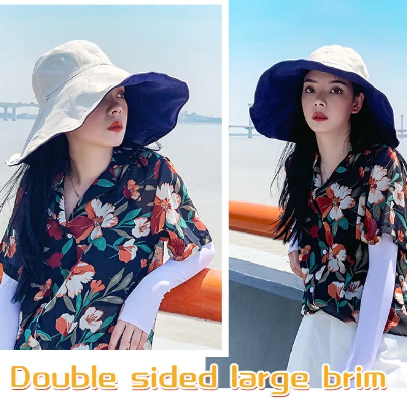 Wide Brim UPF 50+ Sun Hat Women Anti-Uv Protection Hiking Fisherman Cap Fold Summer Solid Beach Hat 2024 Double Sided Sun Hat