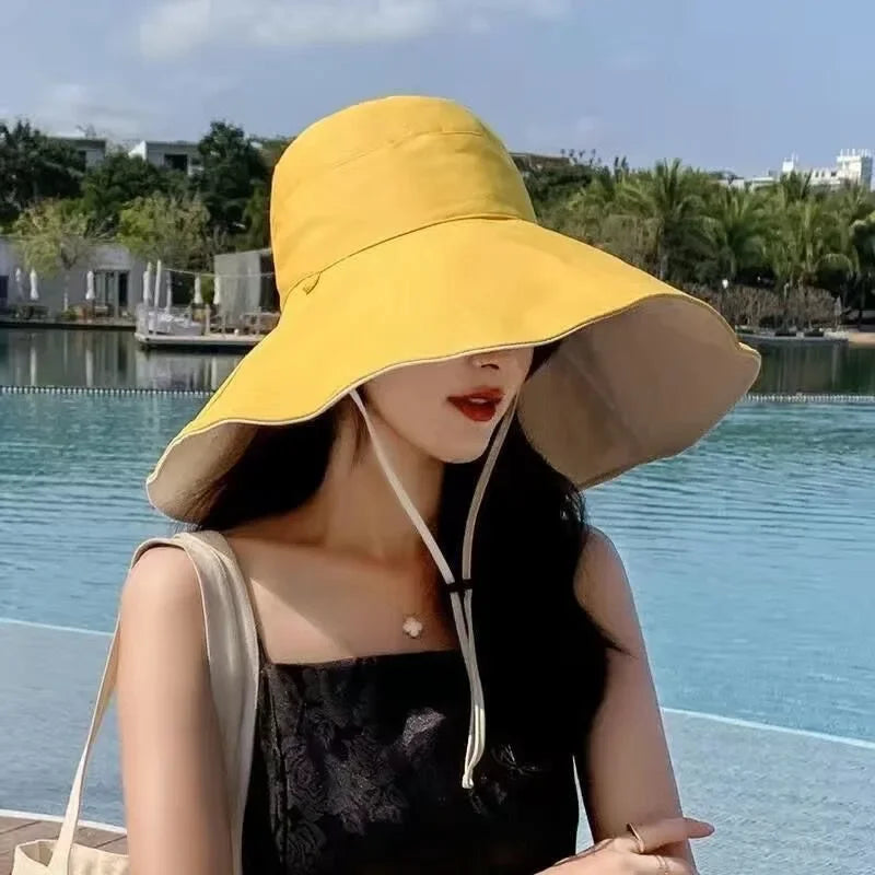 Wide Brim UPF 50+ Sun Hat Women Anti-Uv Protection Hiking Fisherman Cap Fold Summer Solid Beach Hat 2024 Double Sided Sun Hat