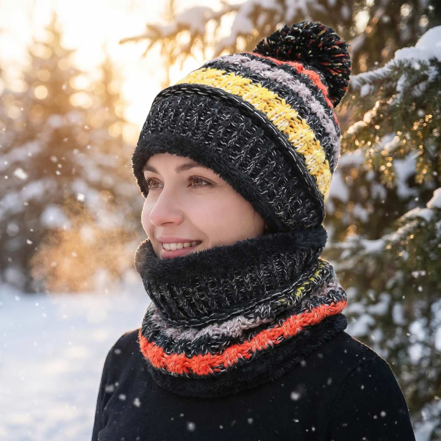 Velvet-Lined Knit Hat and Scarf Winter Set