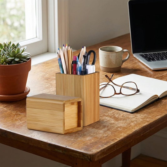 Bamboo Desk Organizer — Wooden Pen Holder & Stationery Storage